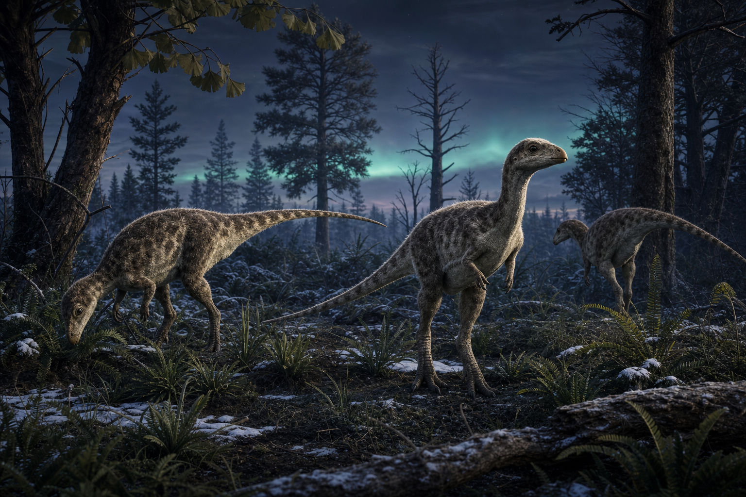 Reconstitution d'un Leaellynasaura dans une forêt polaire du sud de l'Australie au Crétacé