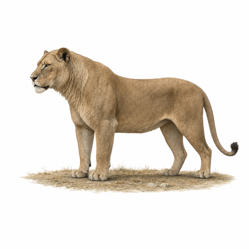 Reconstitution d'un lion américain, immense félin musclé au pelage fauve et à la crinière réduite, debout dans une plaine herbeuse d'Amérique du Nord au Pléistocène