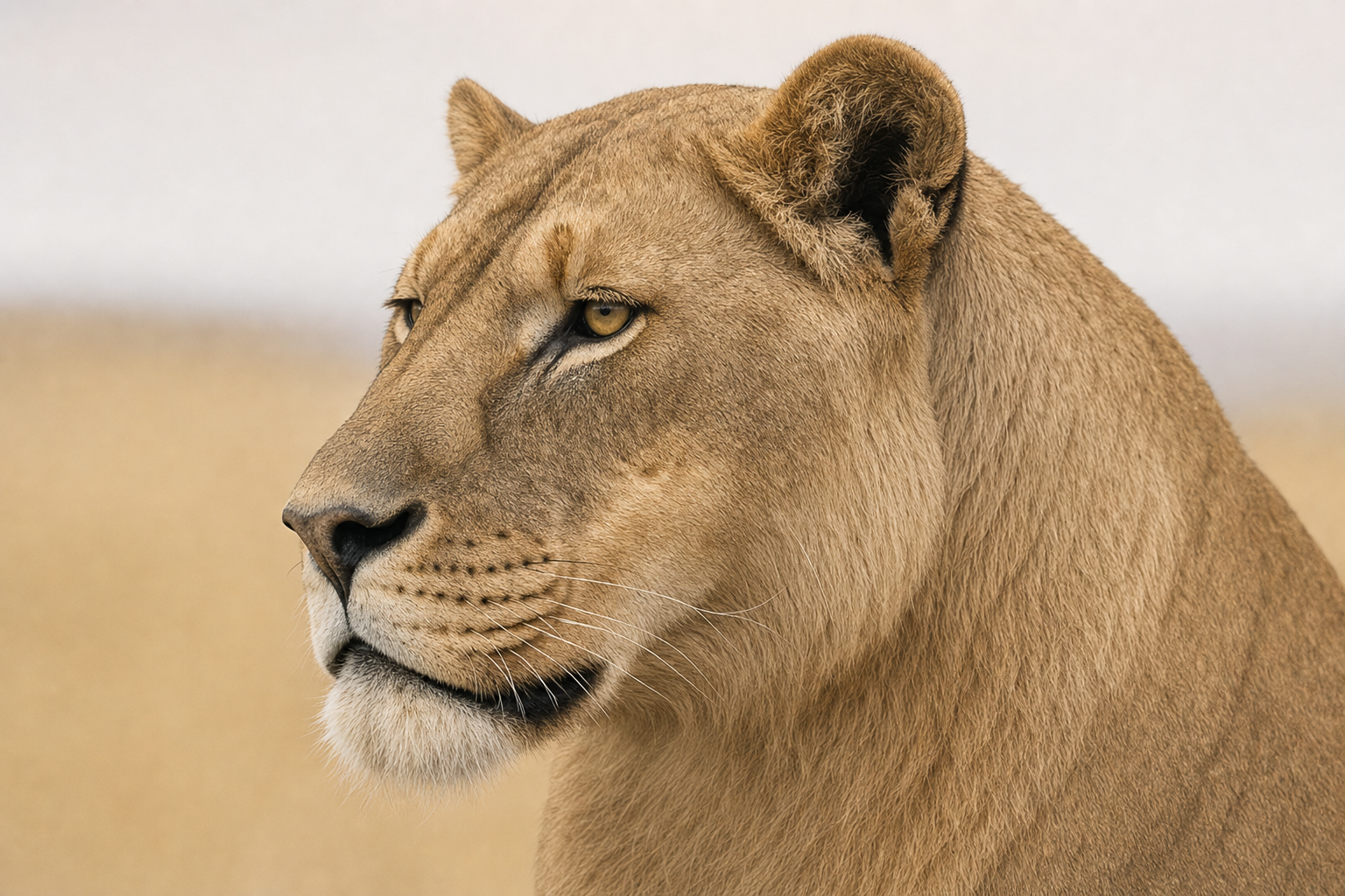 Gros plan de la tête d'un lion américain, au pelage fauve et à la crinière courte ou absente, dans une lumière de plaine