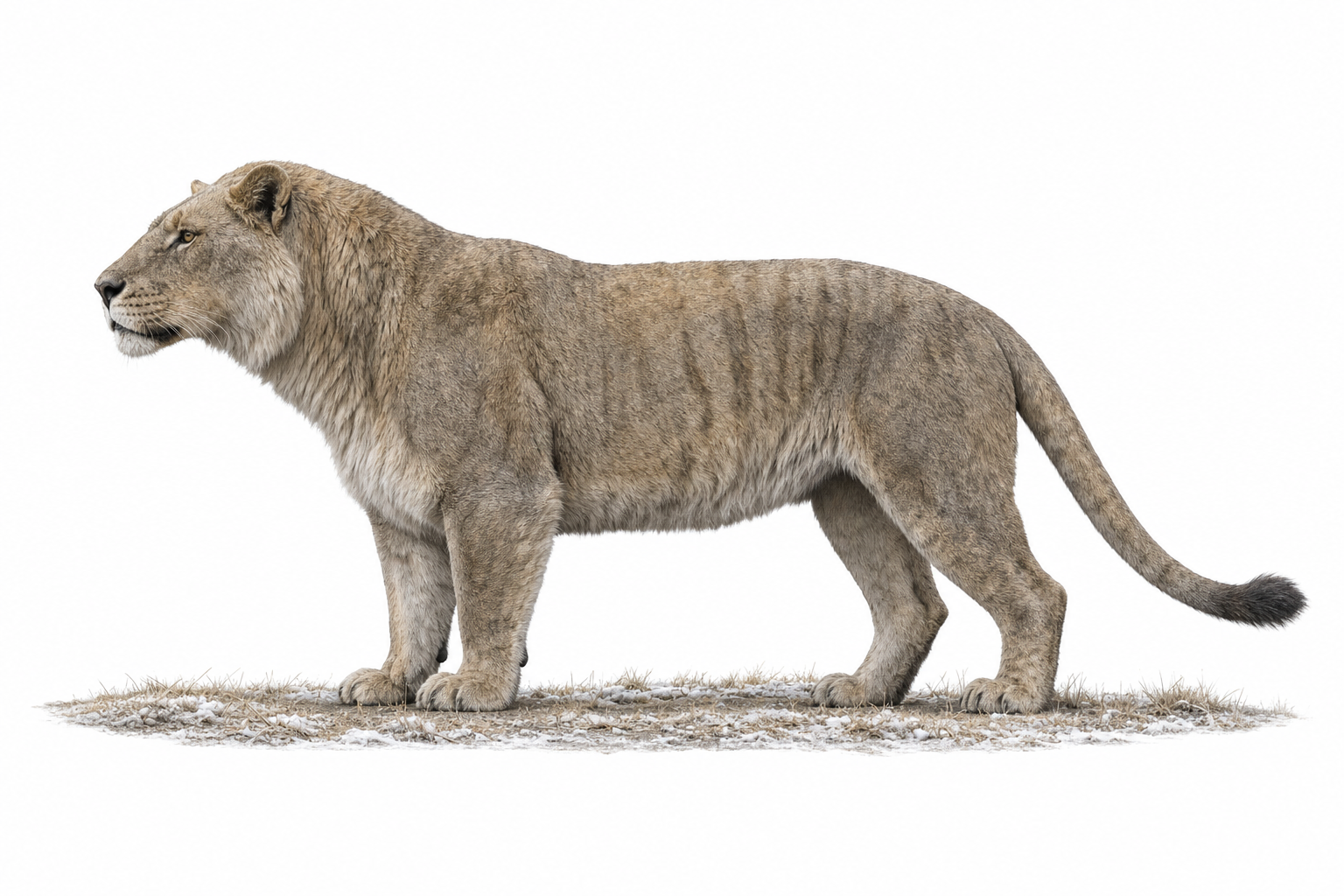 Reconstitution d'un lion des cavernes (Panthera spelaea), mâle adulte sans crinière, de profil, sur un sol de steppe glaciaire enneigée