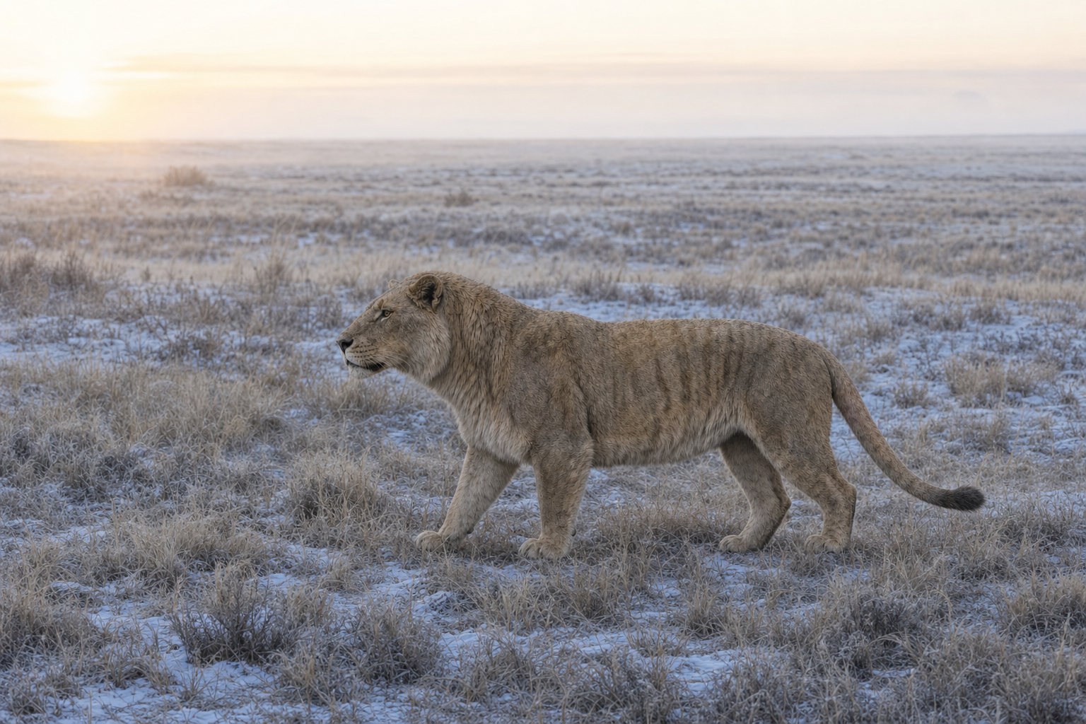 Lion des cavernes (Panthera spelaea) dans la steppe à mammouths enneigée