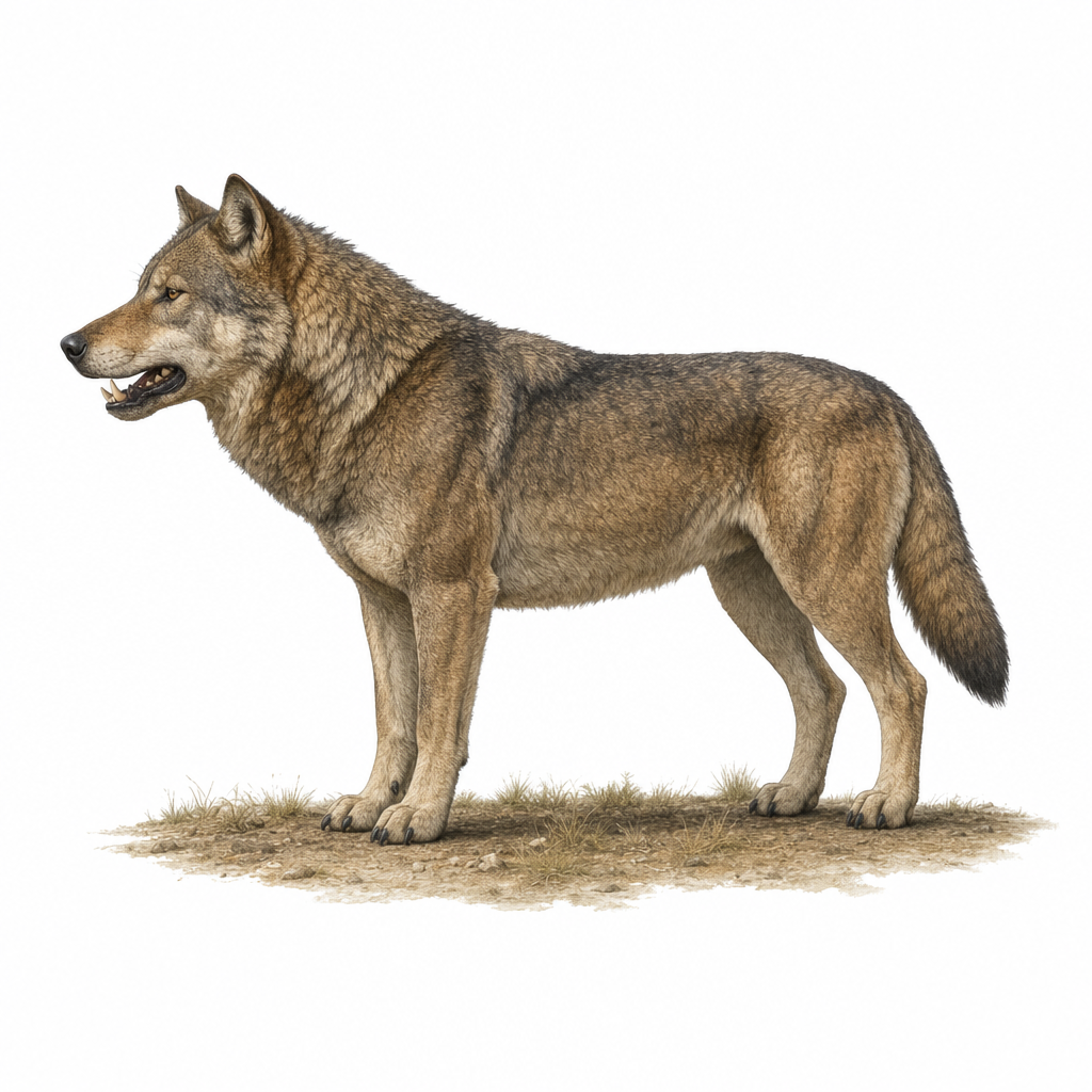Reconstitution d'un loup géant Aenocyon dirus, canidé robuste au pelage fauve et gris, debout de profil sur ses quatre pattes dans un paysage d'Amérique du Nord à la fin du Pléistocène