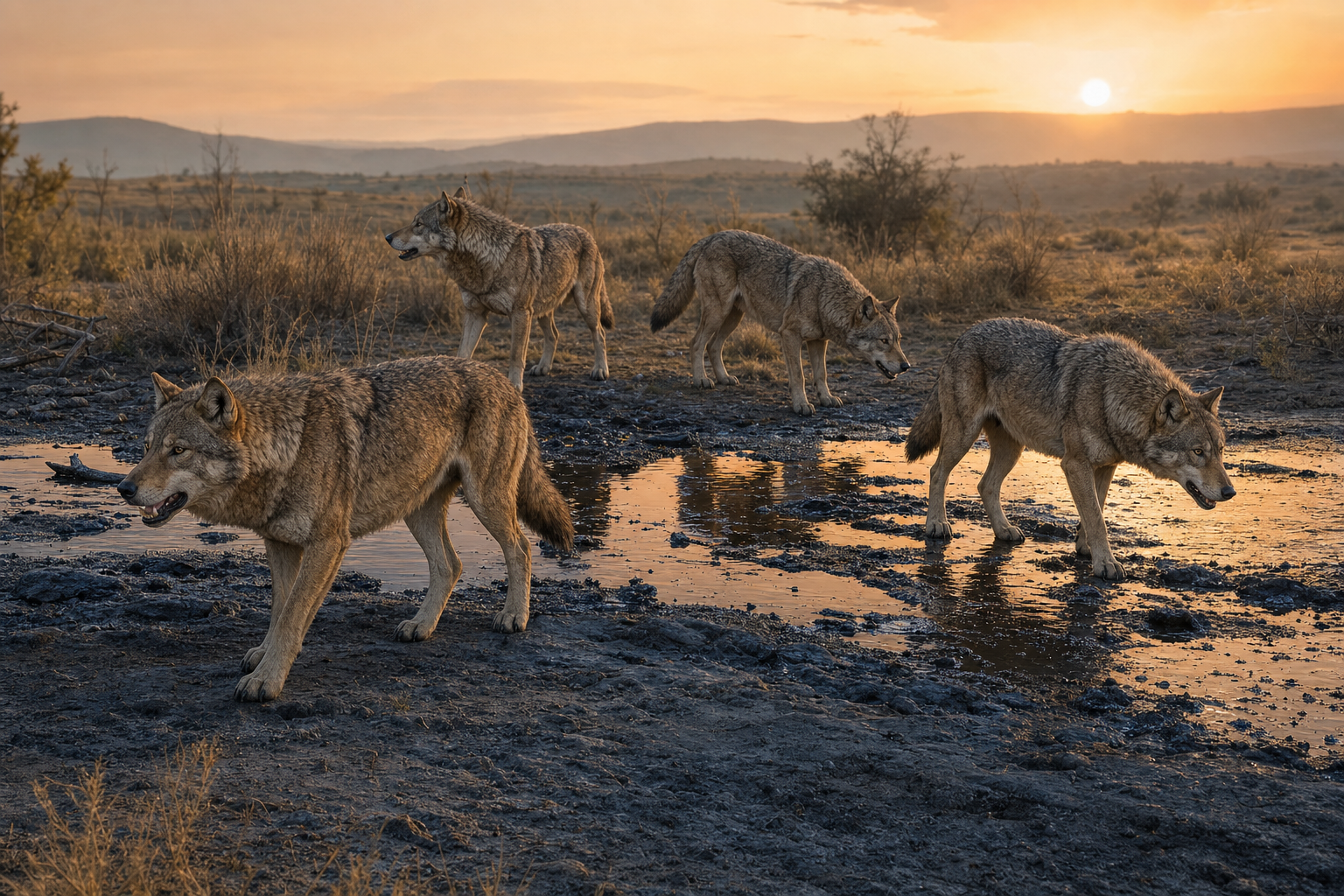 Une meute de loups géants Aenocyon dirus près d'une fosse de bitume de Rancho La Brea au crépuscule, dans un paysage d'Amérique du Nord à la fin du Pléistocène