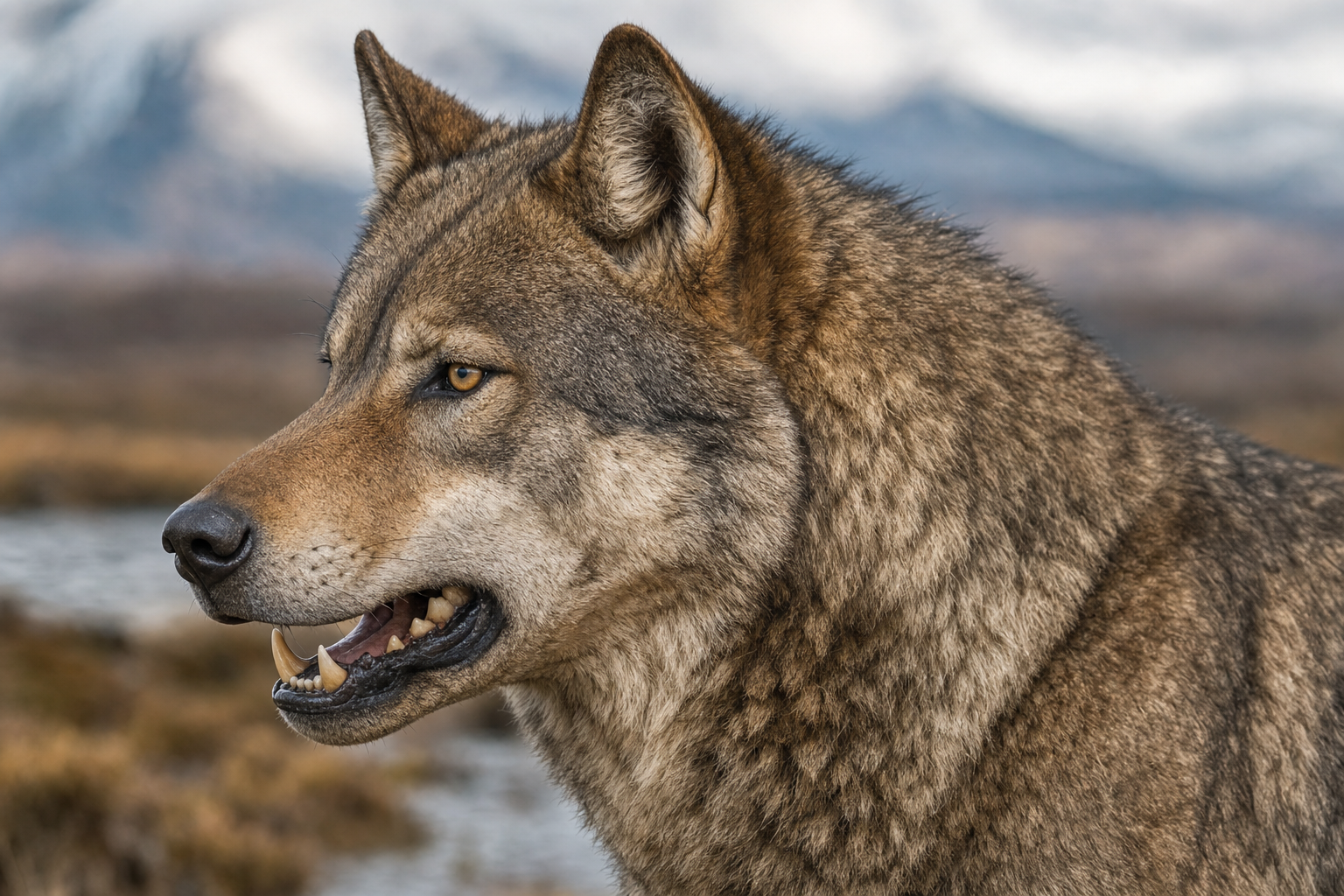 Gros plan sur la tête d'un loup géant Aenocyon dirus, montrant son crâne large, son museau puissant et ses mâchoires armées de grosses dents
