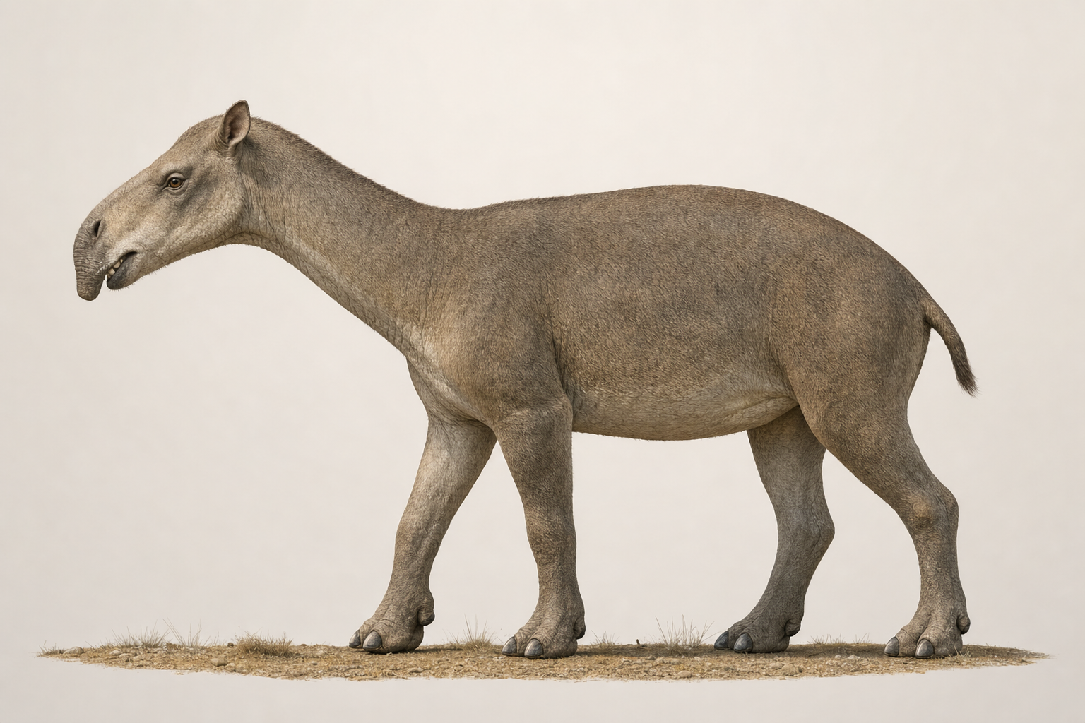 Reconstitution de profil d'une Macrauchenia, mammifère au corps de chameau sans bosse, au long cou, aux pattes robustes à trois doigts et au museau portant peut-être une courte trompe, dans une steppe de Patagonie