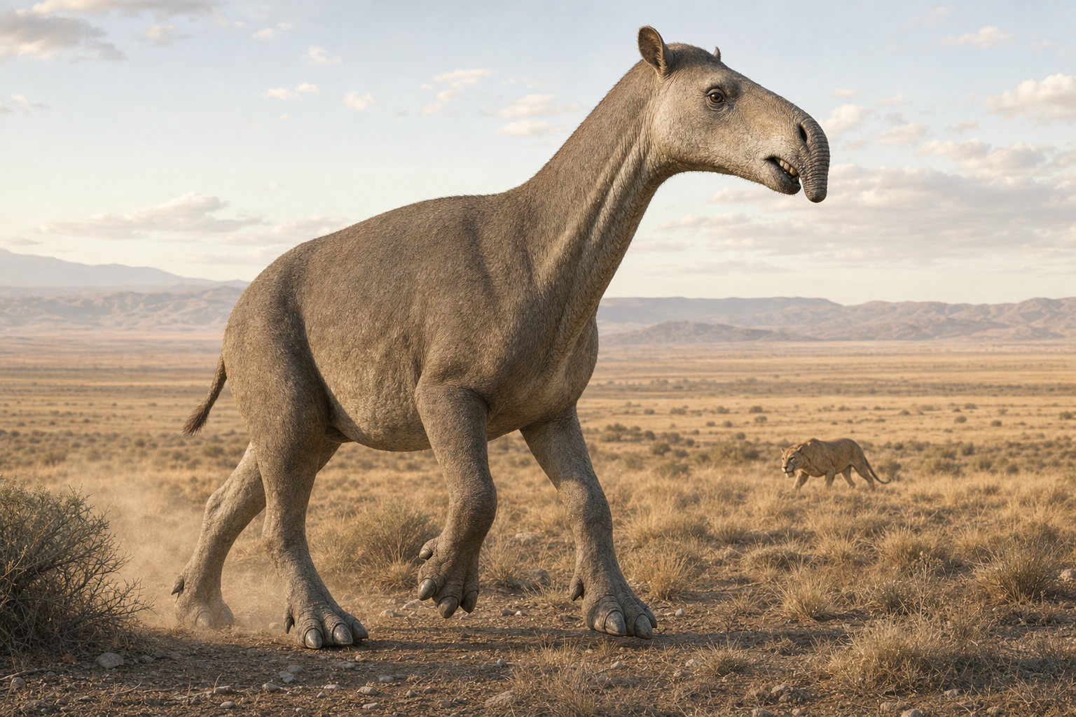 Une Macrauchenia sur ses gardes dans la steppe de Patagonie à la lumière dorée, un Smilodon rôdant au loin