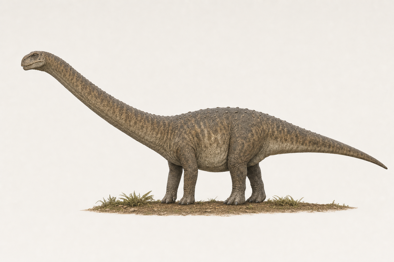 Reconstitution de profil du Magyarosaurus, petit sauropode titanosaurien d'environ cinq à six mètres de long, au long cou et à la longue queue, broutant sur une bande de sol au bord d'une forêt