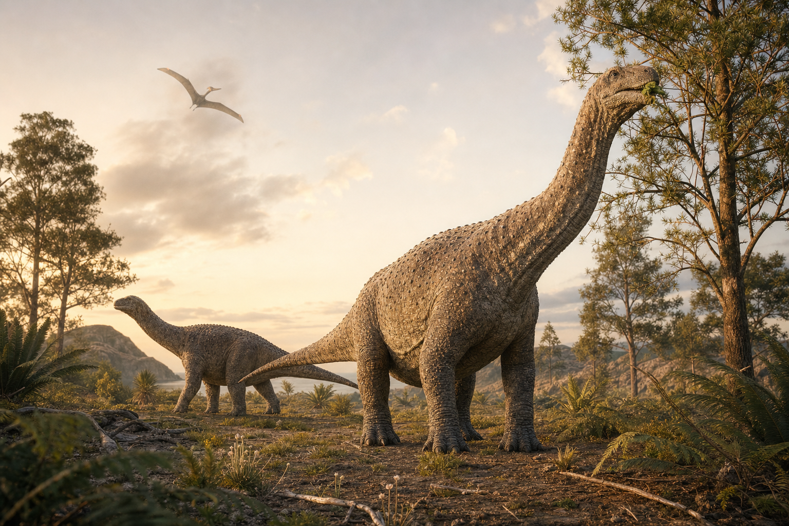 Une harde de Magyarosaurus broutant dans une plaine boisée de l'île de Hațeg au Crétacé, un grand ptérosaure planant au loin
