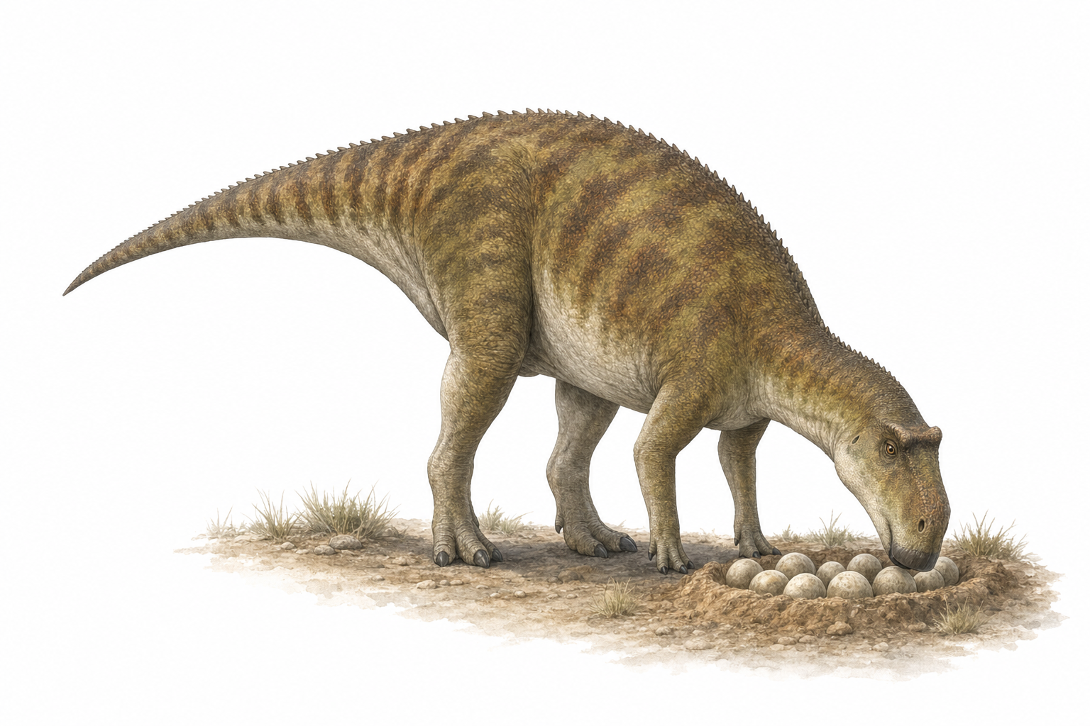 Reconstitution d'un Maiasaura peeblesorum adulte, grand dinosaure herbivore à bec de canard portant une petite crête solide entre les yeux, veillant sur un nid d'œufs creusé dans un sol de plaine du Crétacé