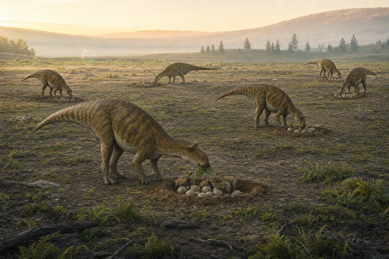Une colonie de nidification de Maiasaura : plusieurs adultes veillant sur des nids d'œufs et des nouveau-nés, dans une plaine du Crétacé du Montana, sous un ciel d'aube