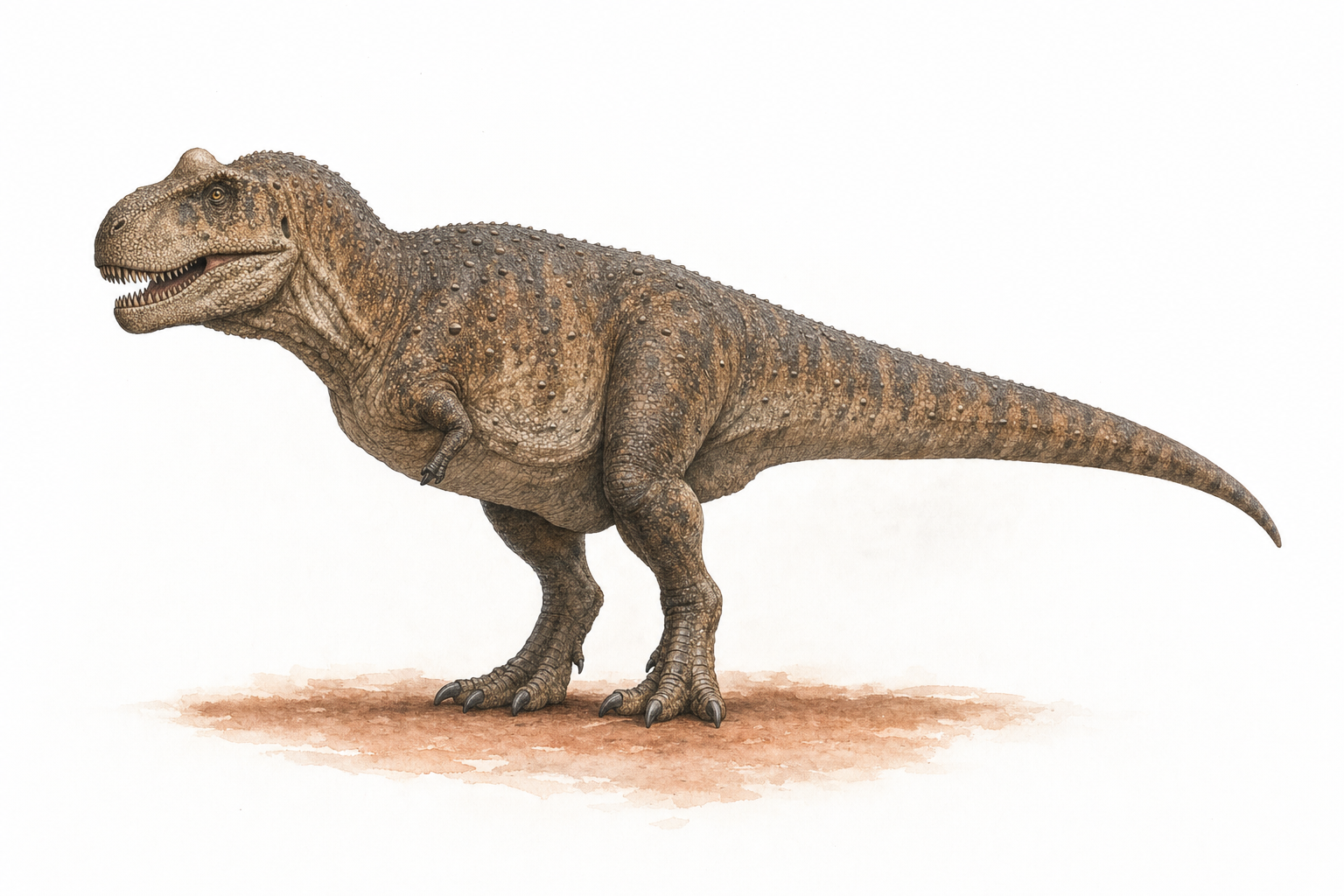 Reconstitution de Majungasaurus, théropode trapu au museau court et profond, portant une corne arrondie sur le crâne et de très petits bras, dans un paysage du Crétacé supérieur de Madagascar