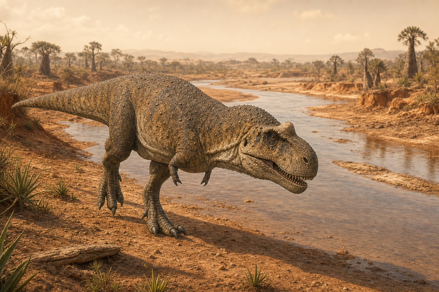 Reconstitution de Majungasaurus marchant au bord d'une rivière de Madagascar au Crétacé