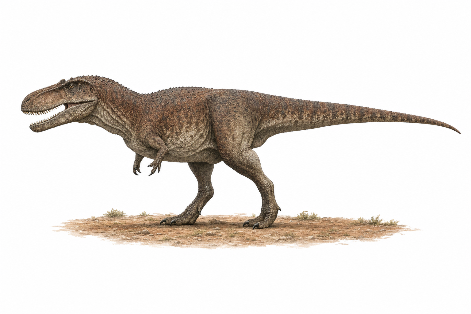 Reconstitution d'un Mapusaurus, grand théropode carnivore bipède au long crâne bas et aux dents en lame, dans un paysage du Crétacé de Patagonie