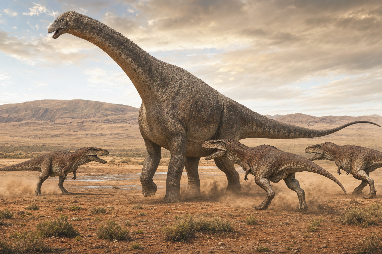 Scène d'une meute de Mapusaurus s'attaquant à un sauropode géant dans une plaine de Patagonie au Crétacé