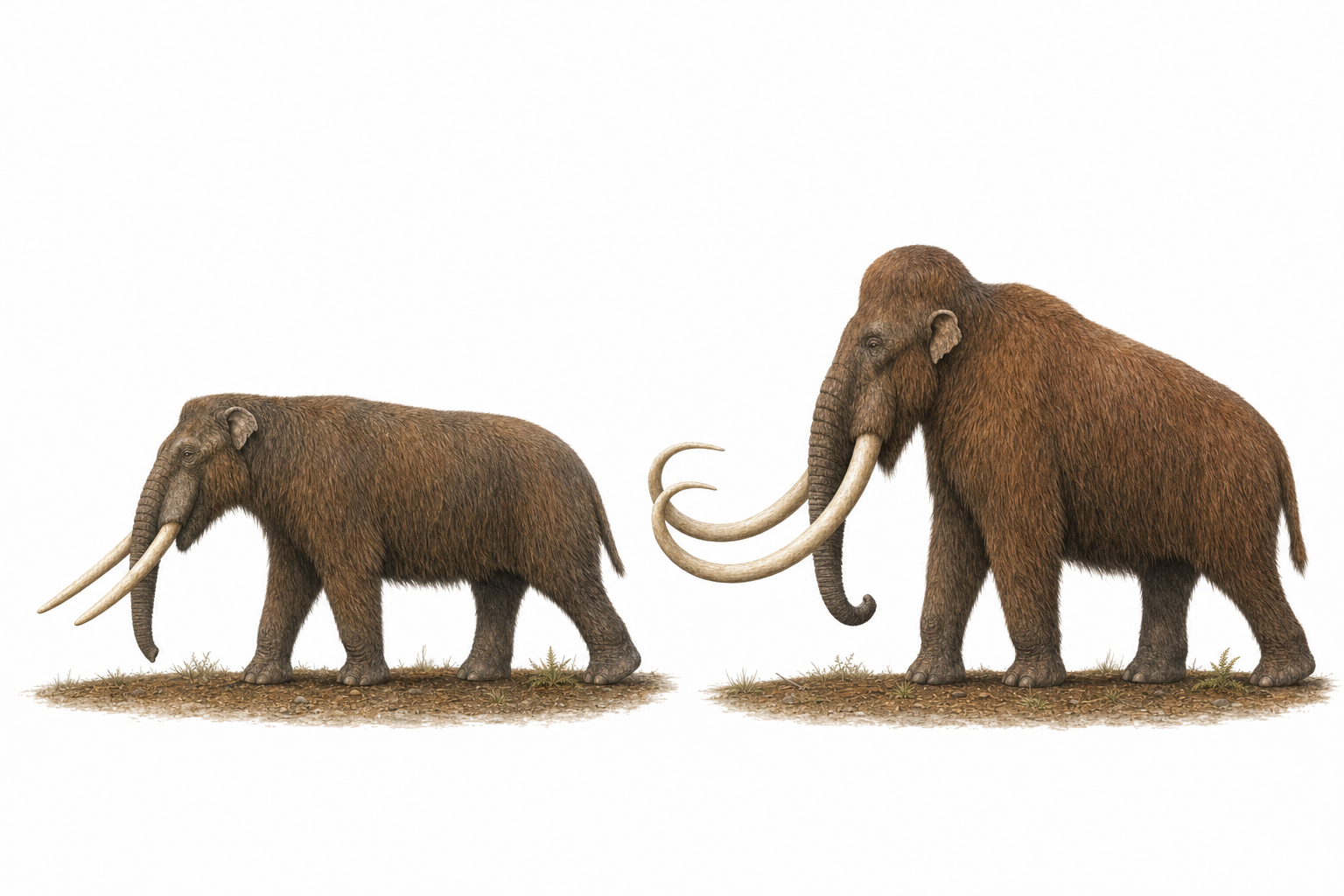 Comparaison entre un mastodonte, plus bas et trapu au crâne plat et aux défenses droites, et un mammouth laineux, plus haut au front bombé et aux défenses recourbées, à la même échelle