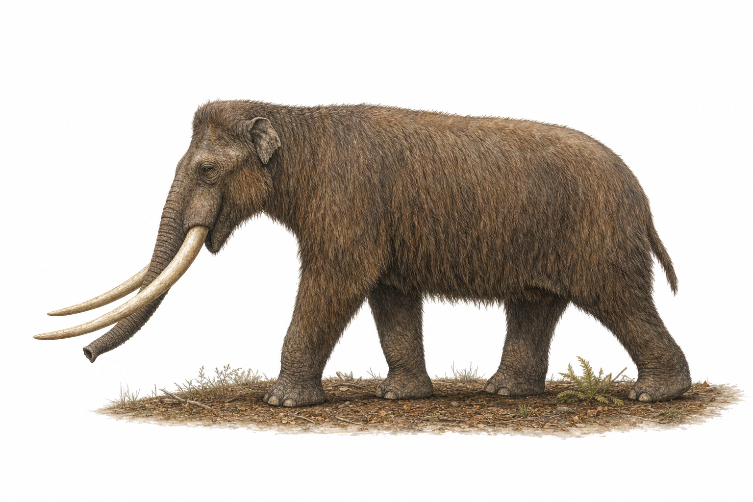 Reconstitution d'un mastodonte d'Amérique, grand proboscidien trapu à longs poils bruns, au crâne bas et aux longues défenses presque droites, dans une forêt de l'âge de glace