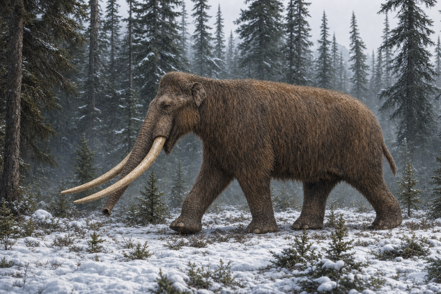 Un mastodonte d'Amérique avançant dans une forêt d'épicéas enneigée de l'âge de glace, sous un ciel pâle