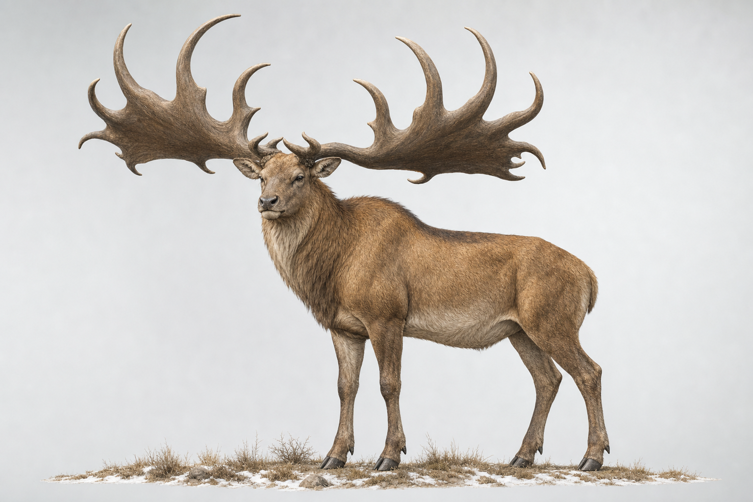 Reconstitution de profil du Mégacéros, grand cerf brun-fauve au garrot d'environ deux mètres, portant d'immenses bois palmés en éventail de près de trois mètres et demi d'envergure, sur un sol de steppe-toundra