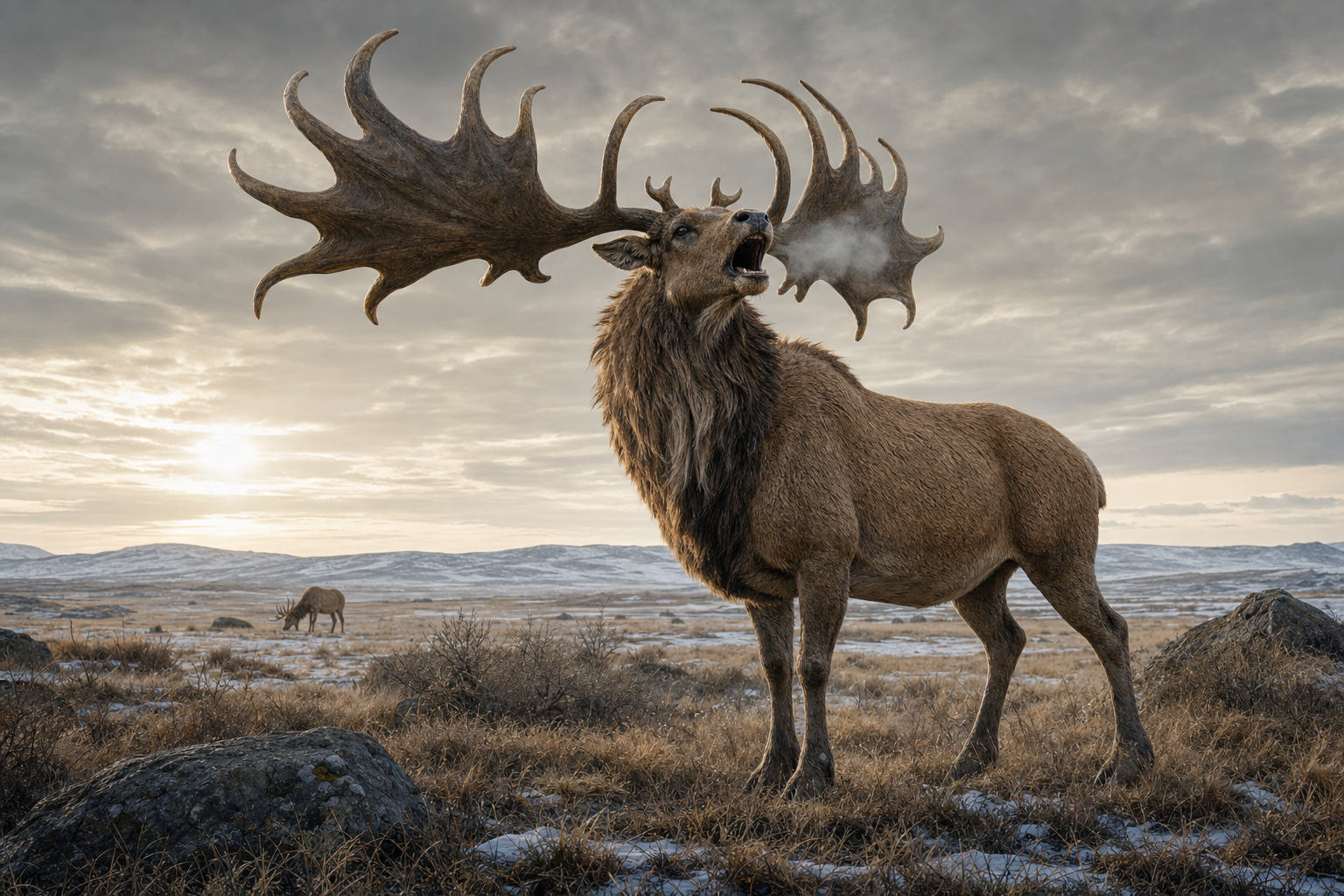 Reconstitution d'un Mégacéros mâle bramant dans la steppe-toundra de l'âge de glace