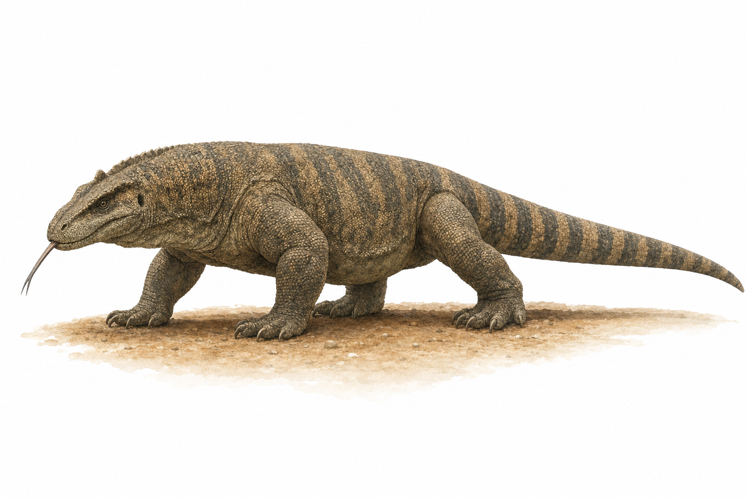 Reconstitution de Megalania, un varan géant au corps massif et à la longue queue, à la peau écailleuse brun-jaune, marchant dans un paysage sec d'Australie du Pléistocène