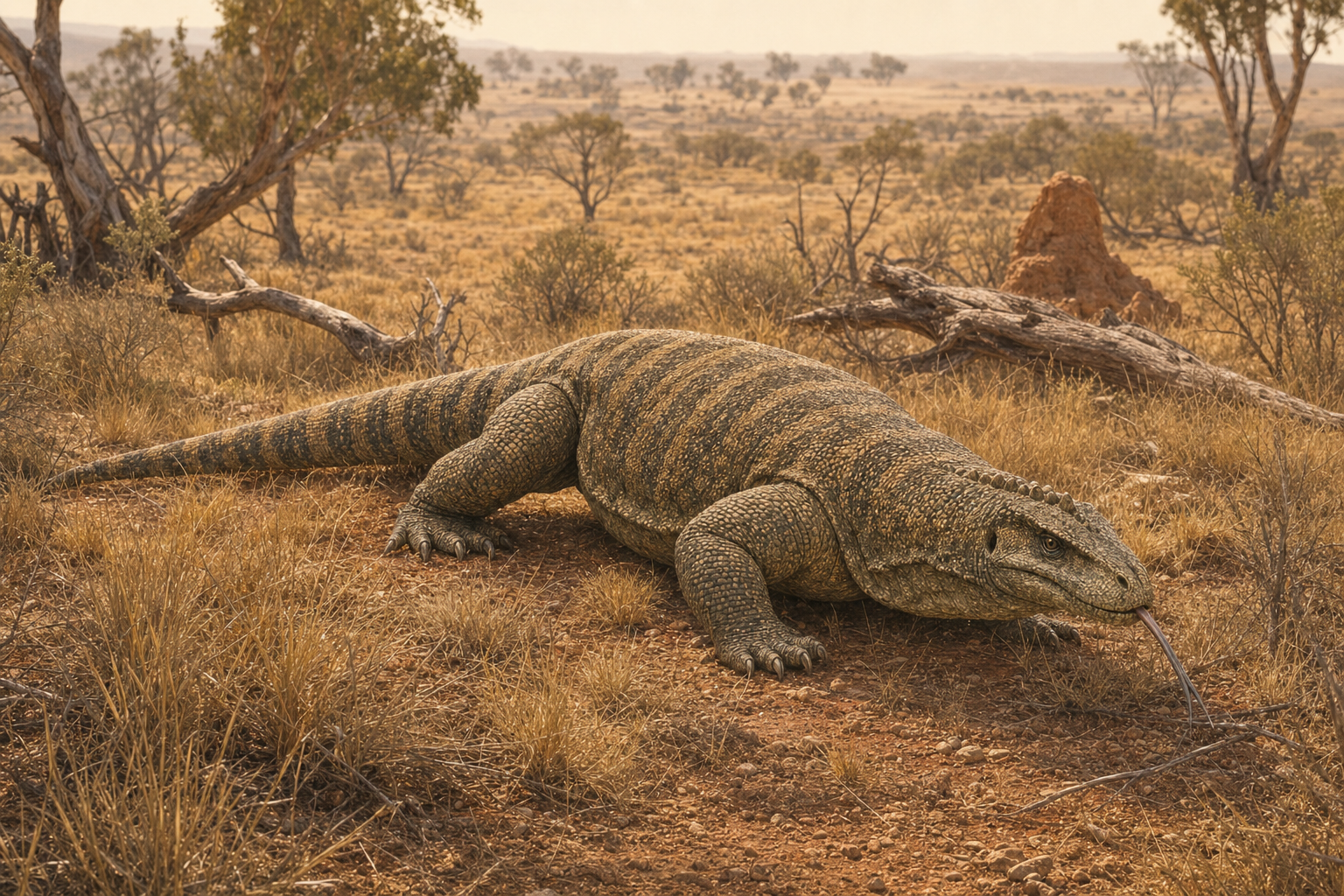Reconstitution de Megalania, varan géant à l'affût dans une plaine d'Australie au Pléistocène