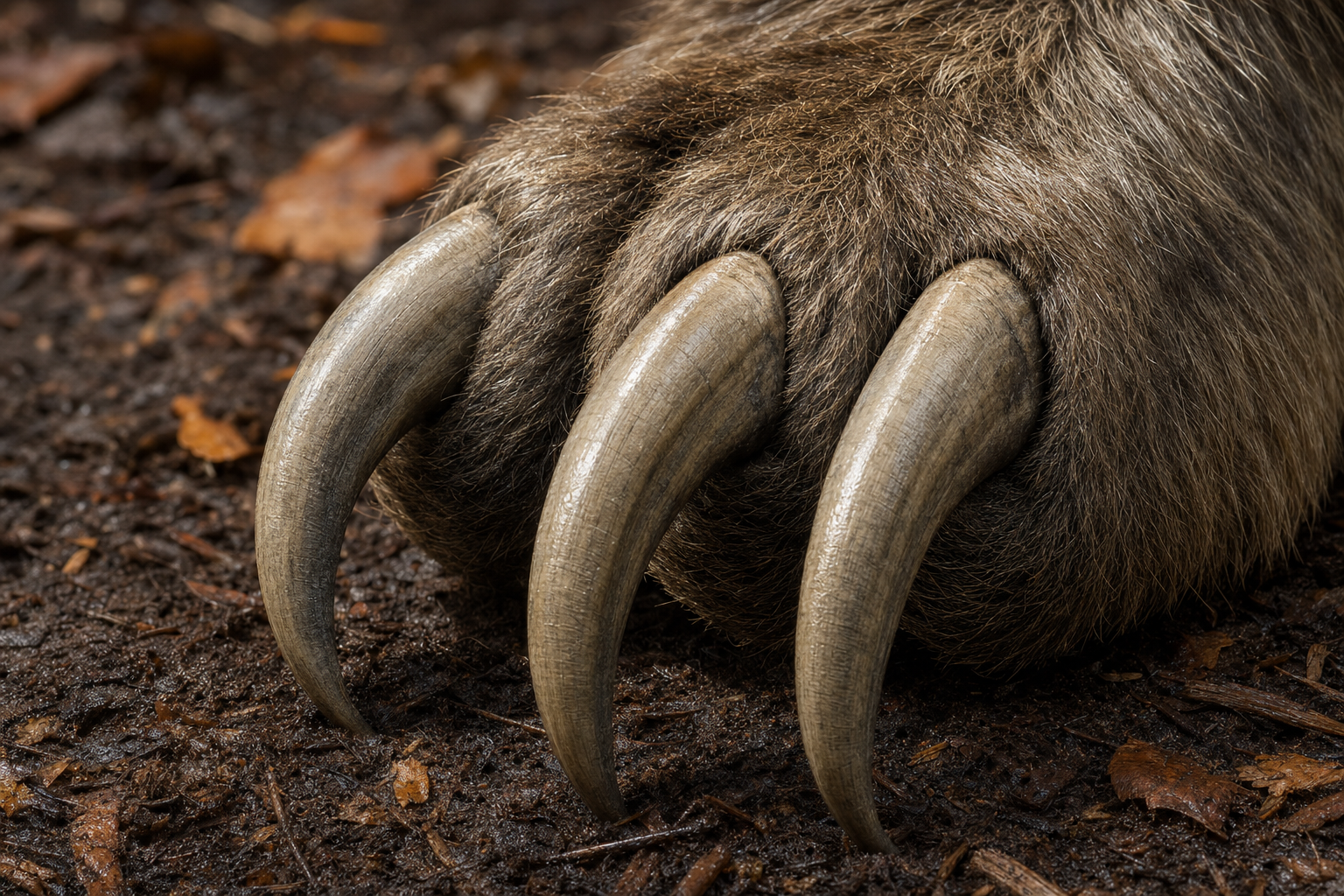 Gros plan des longues griffes recourbées de la patte avant d'un Megalonyx, sur un sol forestier