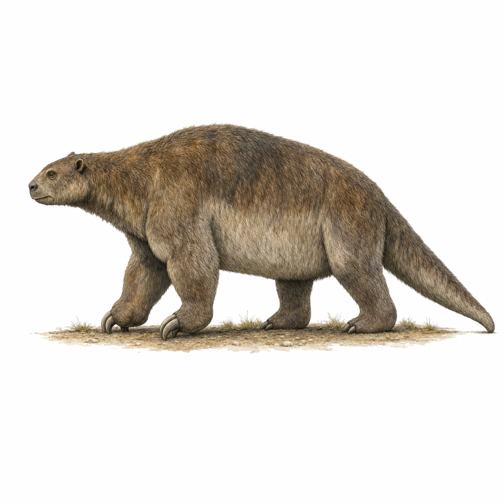 Reconstitution d'un Megalonyx jeffersonii adulte, de profil, dans une forêt tempérée claire du Pléistocène nord-américain