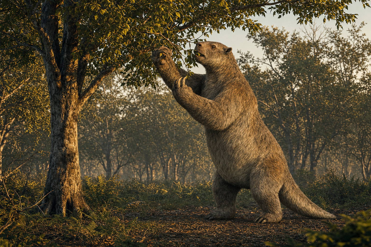 Un Megalonyx dressé sur ses pattes arrière pour brouter, dans une forêt du Pléistocène nord-américain