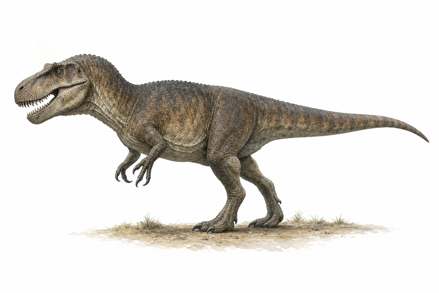 Megalosaurus bucklandii reconstitution anatomique en vue latérale : grand théropode bipède du Jurassique moyen, mâchoires puissantes, bras à griffes, longue queue