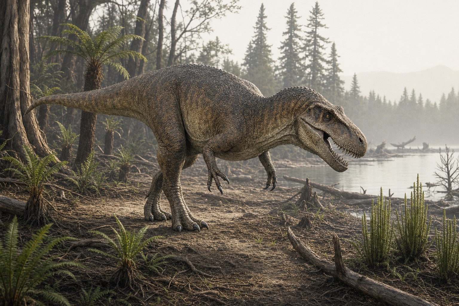Megalosaurus à l'affût dans une forêt côtière de l'Angleterre du Jurassique moyen