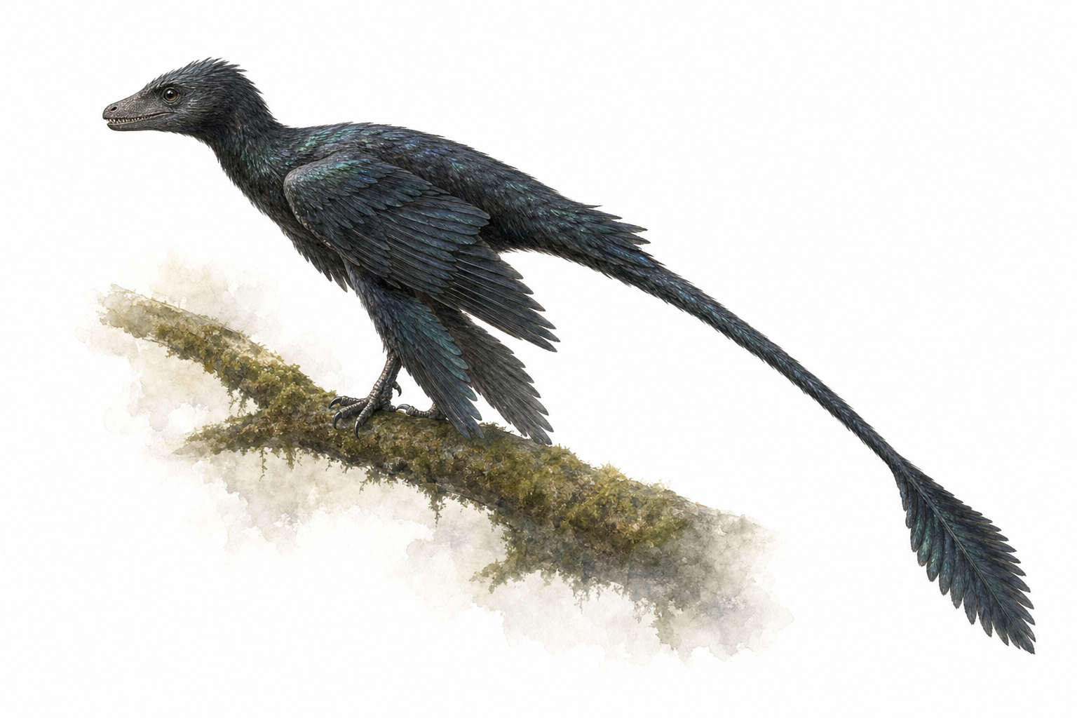Reconstitution d'un Microraptor, petit dinosaure à plumes au plumage noir iridescent, perché sur une branche, déployant des ailes à la fois sur les bras et sur les pattes arrière, dans une forêt du Crétacé inférieur de Chine