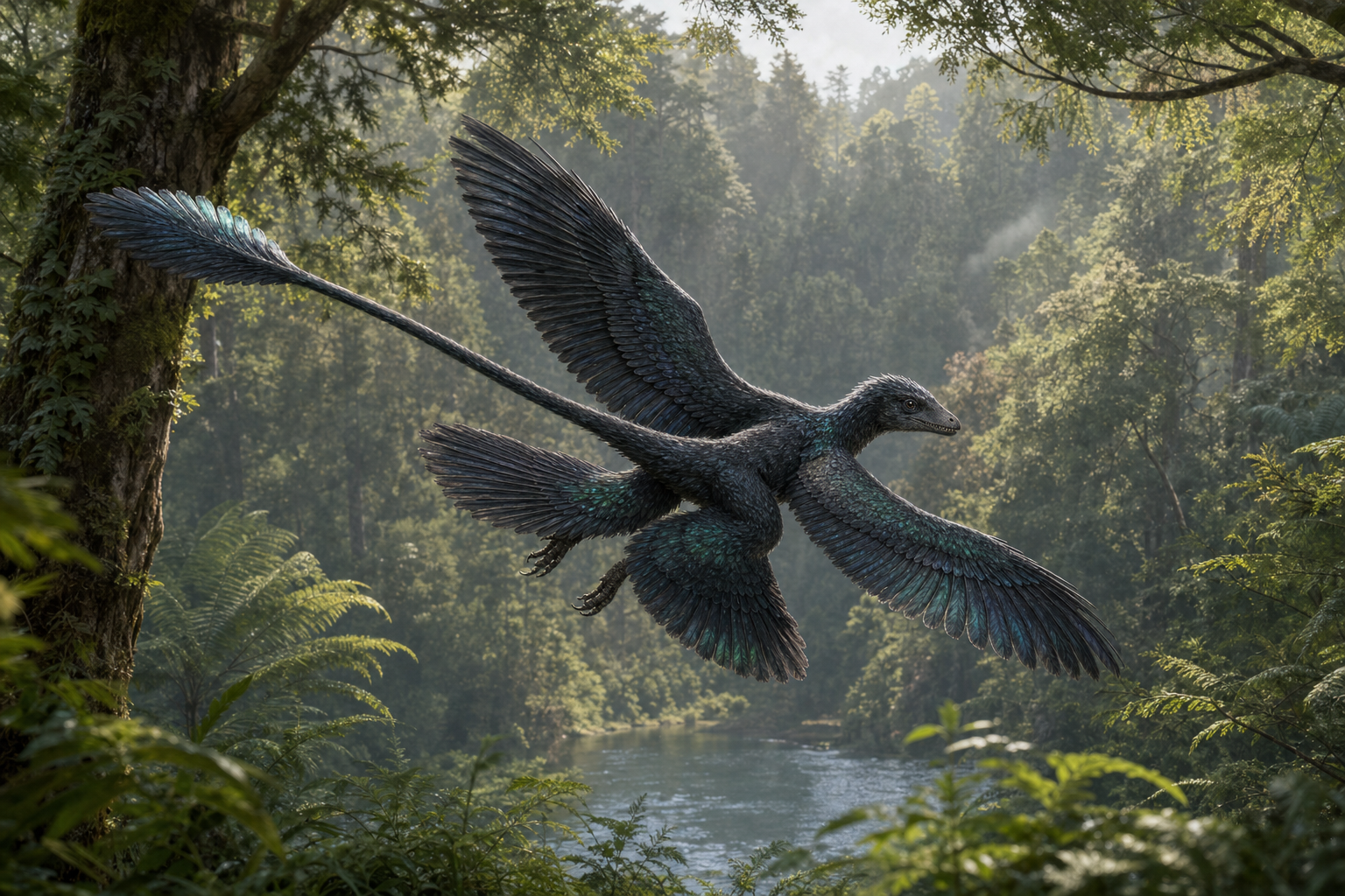Reconstitution d'un Microraptor planant entre les arbres, ses quatre ailes noires déployées