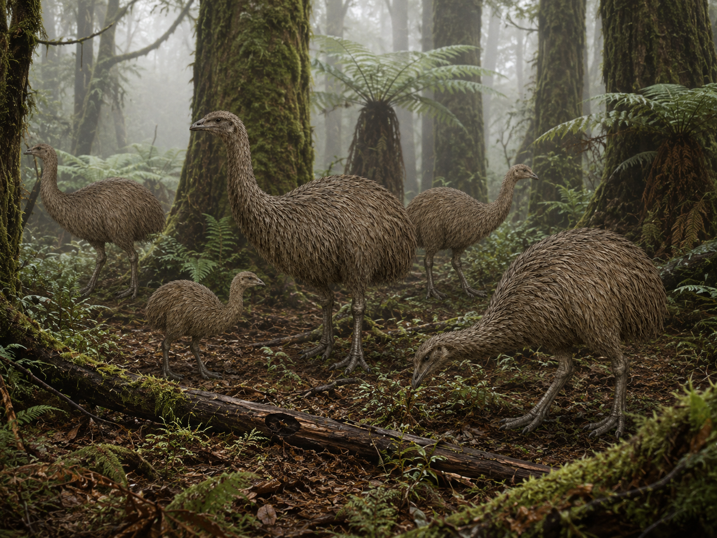 Groupe de moas du Bush (Anomalopteryx didiformis) dans la forêt tempérée humide de Nouvelle-Zélande, oiseaux sans ailes parmi les fougères arborescentes et les podocarpus