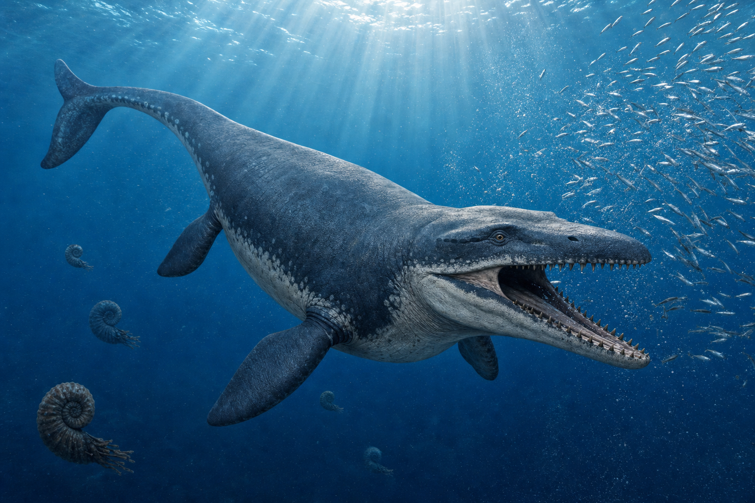 Reconstitution d'un Mosasaurus chassant dans une mer du Crétacé