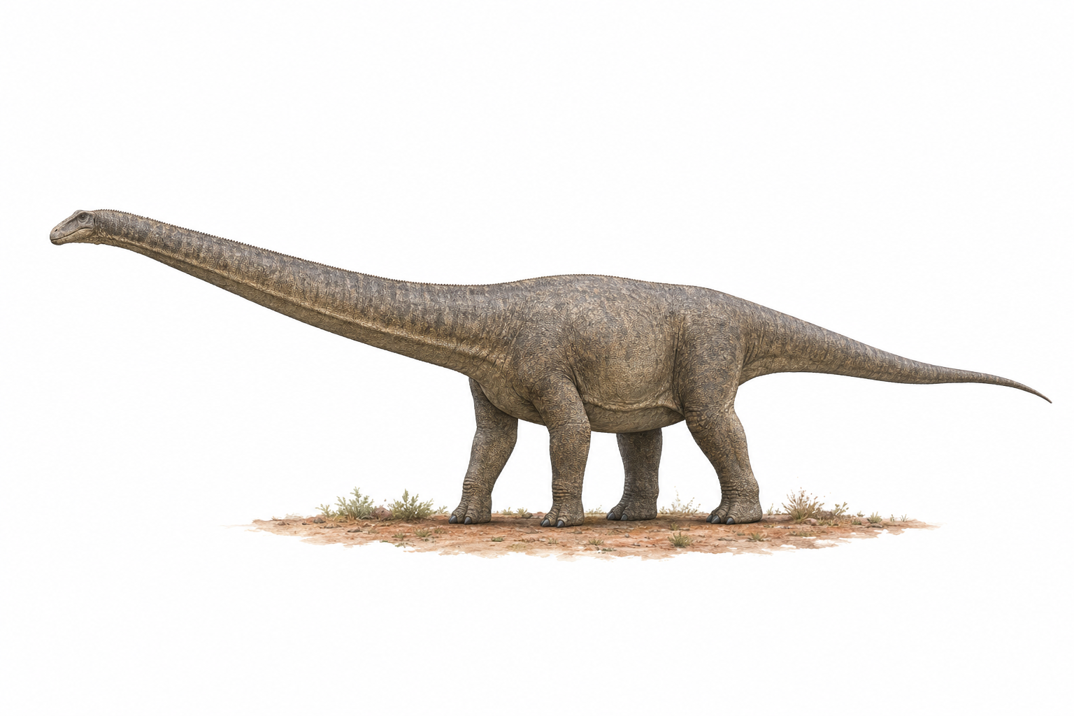 Reconstitution de Nagatitan chaiyaphumensis, sauropode de 27 mètres au long cou, dans un paysage semi-aride du Crétacé thaïlandais au bord d'une rivière