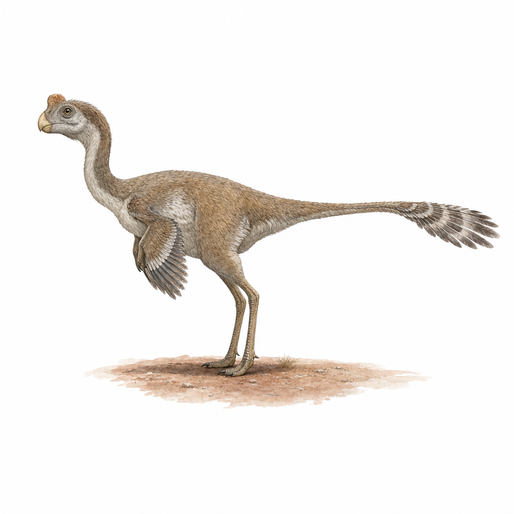 Reconstitution d'un Oviraptor, petit dinosaure théropode emplumé bipède au bec corné sans dents et à courte crête, debout dans le désert de Gobi du Crétacé