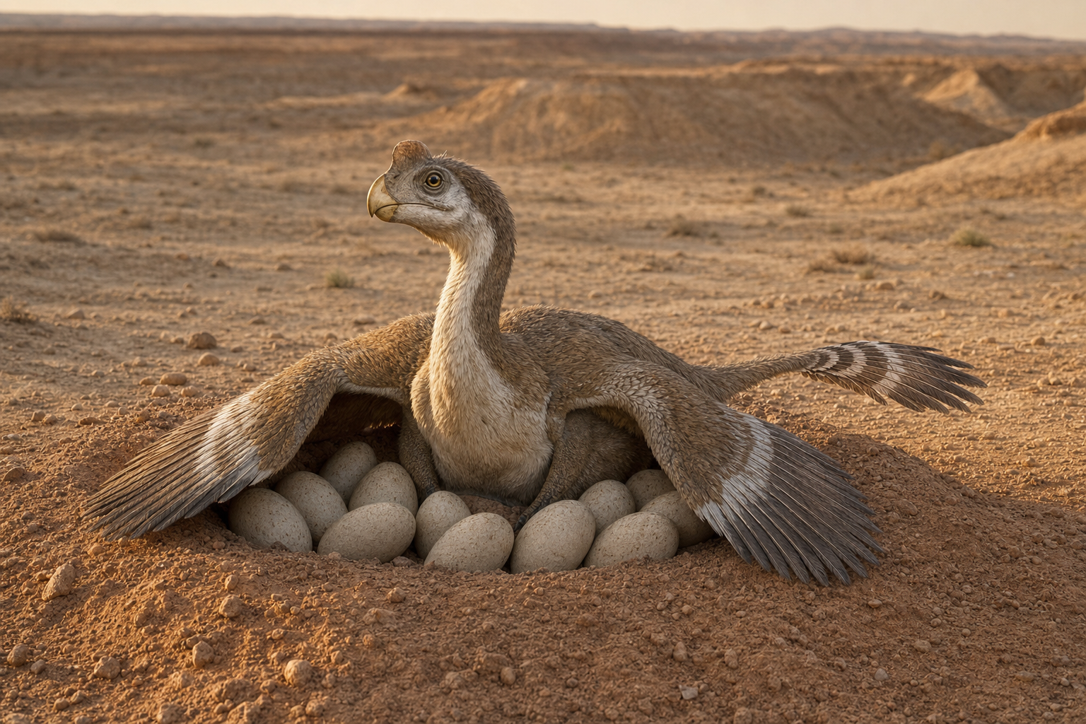 Un Oviraptor accroupi sur son nid dans le désert de Gobi, les bras emplumés déployés autour d'un cercle d'œufs, couvant comme un oiseau