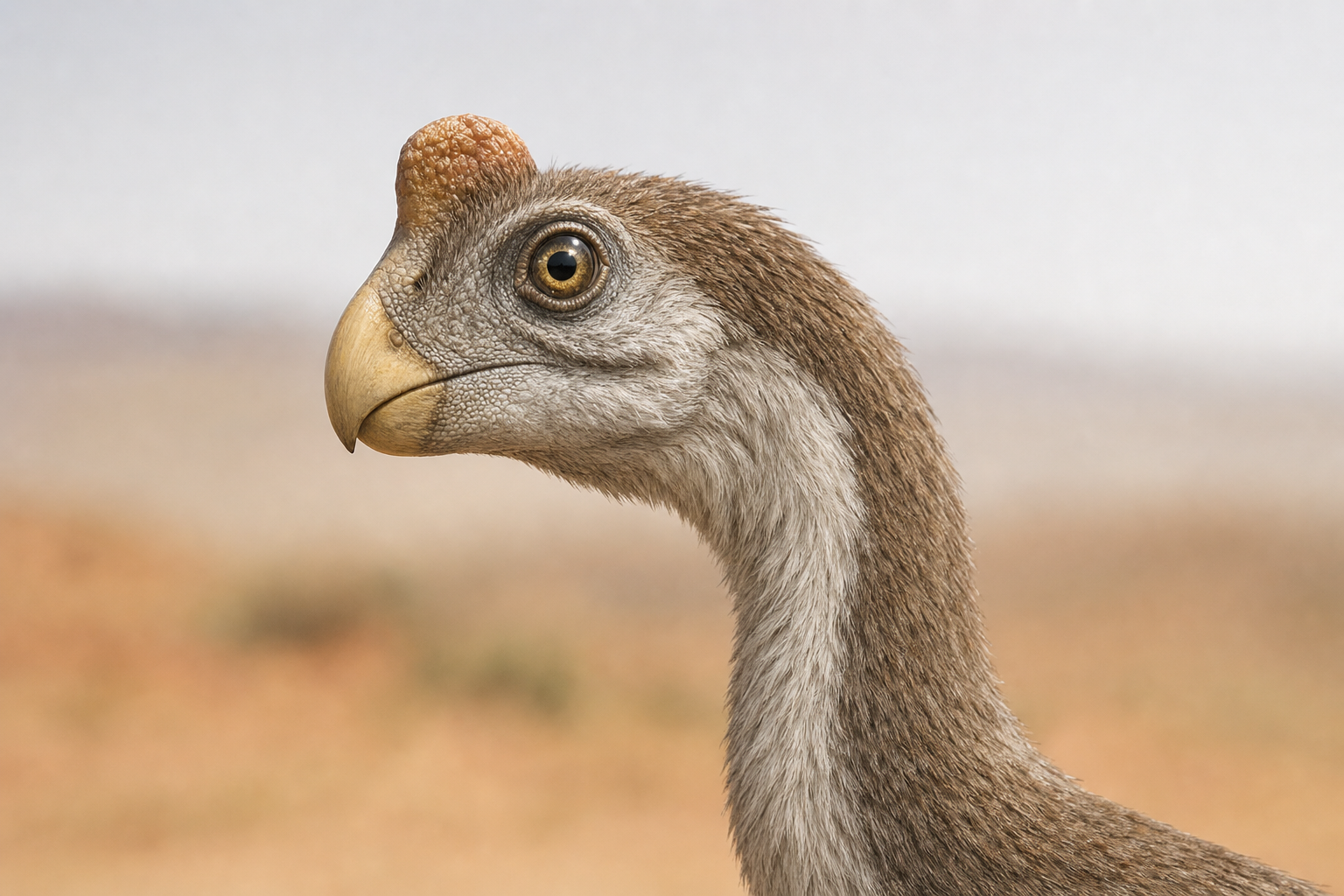 Gros plan de la tête d'un Oviraptor : crâne court et haut, grands yeux, bec corné sans dents et courte crête osseuse