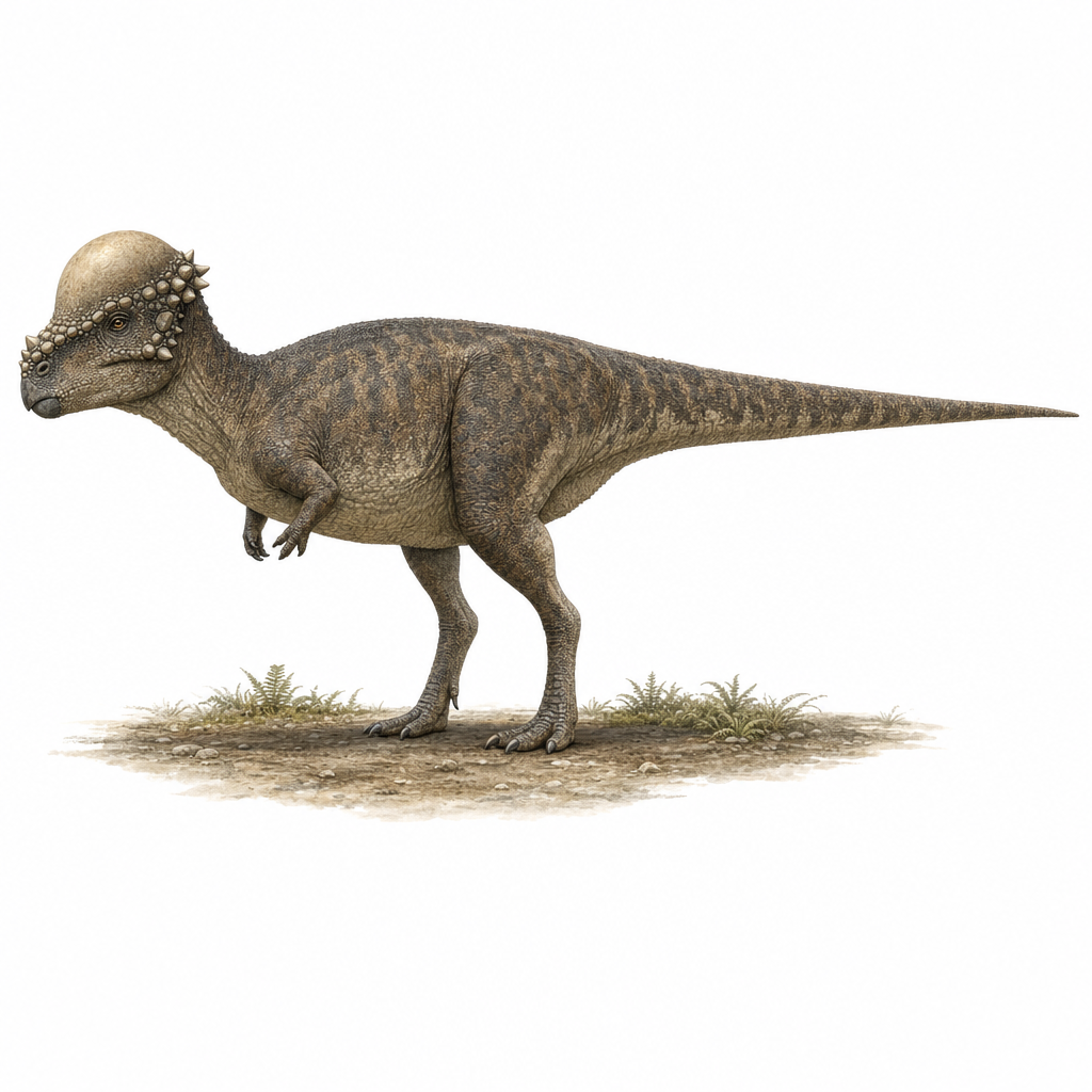 Reconstitution d'un Pachycephalosaurus wyomingensis de profil sur ses deux pattes, montrant son énorme crâne en dôme bordé de petites pointes osseuses, dans un paysage de Hell Creek à la fin du Crétacé