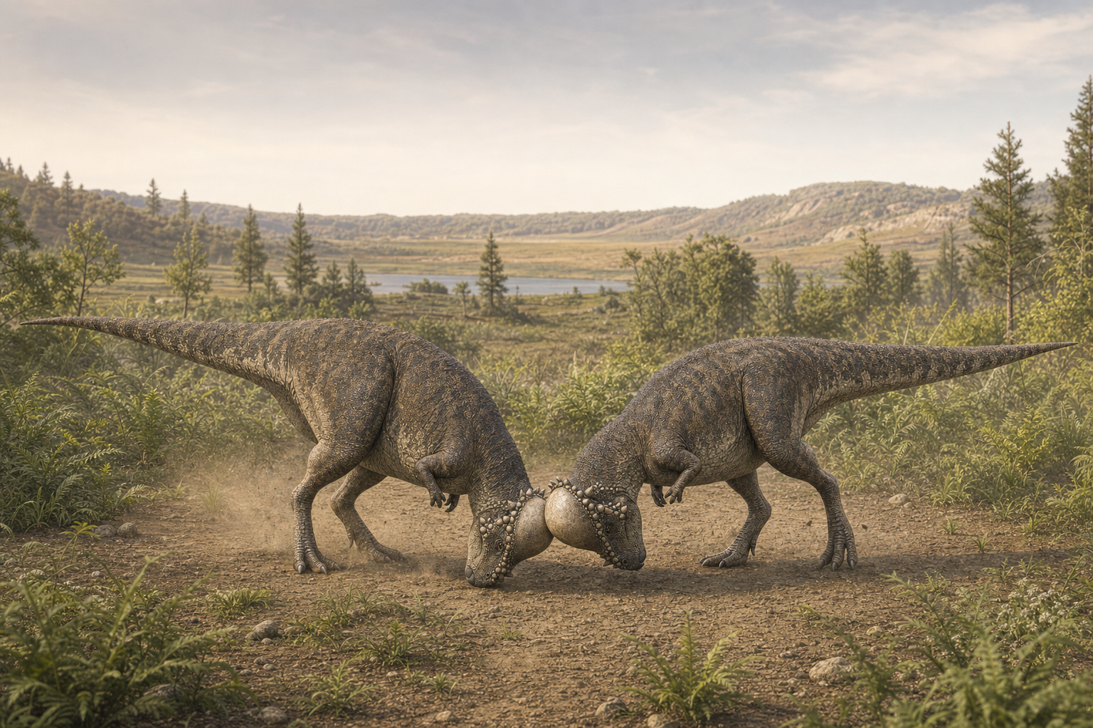 Deux Pachycephalosaurus s'affrontant dôme contre dôme dans une plaine de Hell Creek