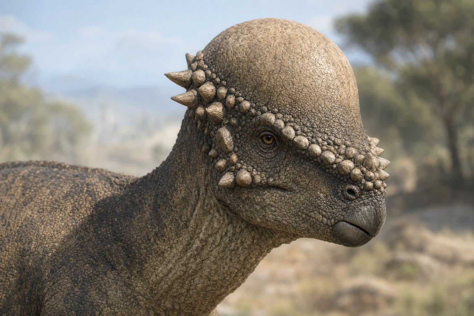 Gros plan sur la tête en dôme d'un Pachycephalosaurus, montrant l'épais dôme osseux et la couronne de petites pointes à l'arrière du crâne et sur le museau