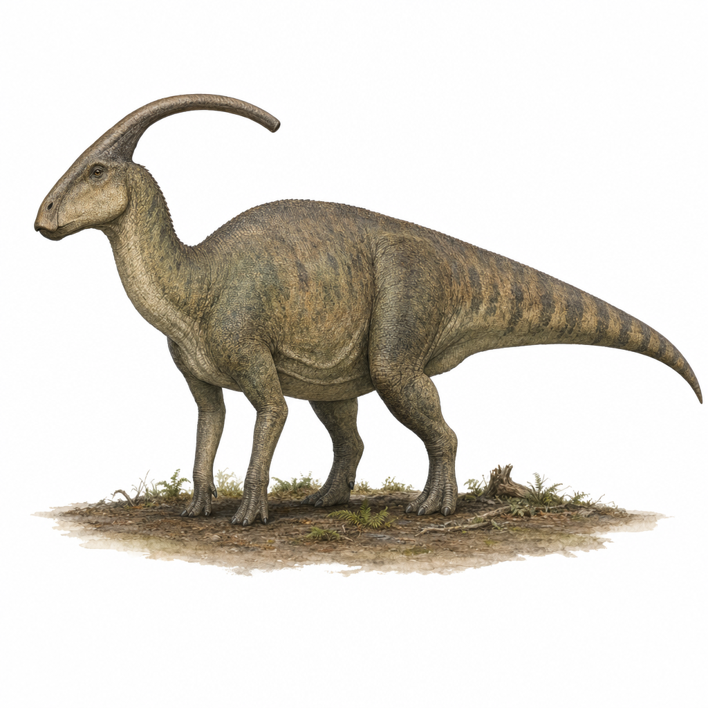 Reconstitution d'un Parasaurolophus walkeri, grand dinosaure herbivore à bec de canard portant une longue crête tubulaire recourbée vers l'arrière, debout dans un paysage forestier du Crétacé