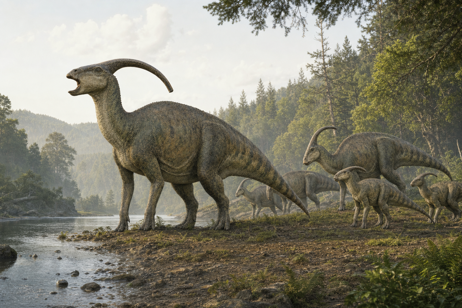 Un troupeau de Parasaurolophus au bord d'une rivière du Crétacé
