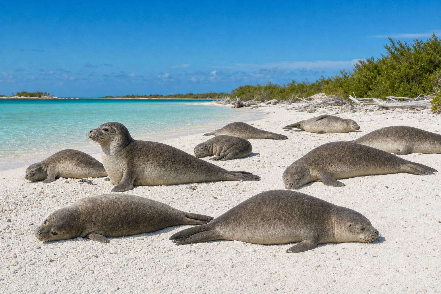 Un groupe de phoques moines des Caraïbes au repos sur une plage de sable blanc d'un îlot des Antilles, eaux turquoise et ciel lumineux