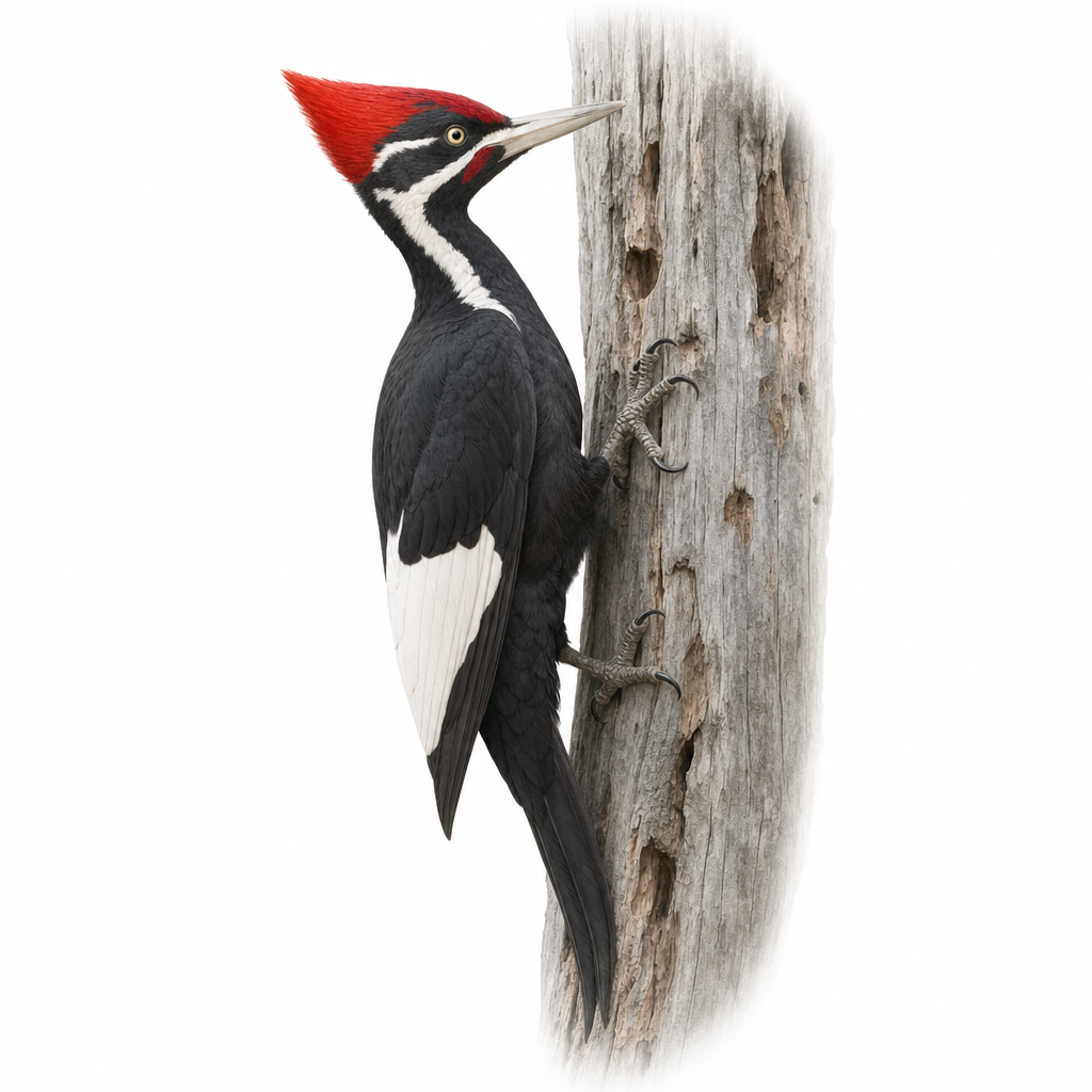 Reconstitution d'un pic à bec d'ivoire mâle, grand oiseau noir et blanc à la huppe rouge vif et au long bec d'ivoire, agrippé au tronc d'un grand arbre mort d'une forêt humide du sud des États-Unis