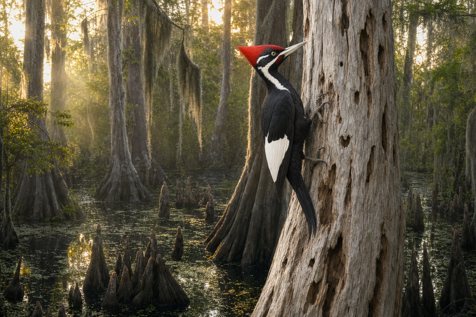 Scène d'un pic à bec d'ivoire dans une forêt marécageuse de cyprès chauves drapés de mousse espagnole, dans le sud des États-Unis