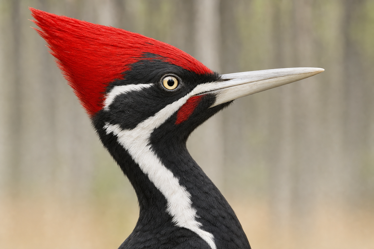 Gros plan de la tête d'un pic à bec d'ivoire mâle montrant sa huppe rouge pointue, son bec couleur d'ivoire et la bande blanche du cou
