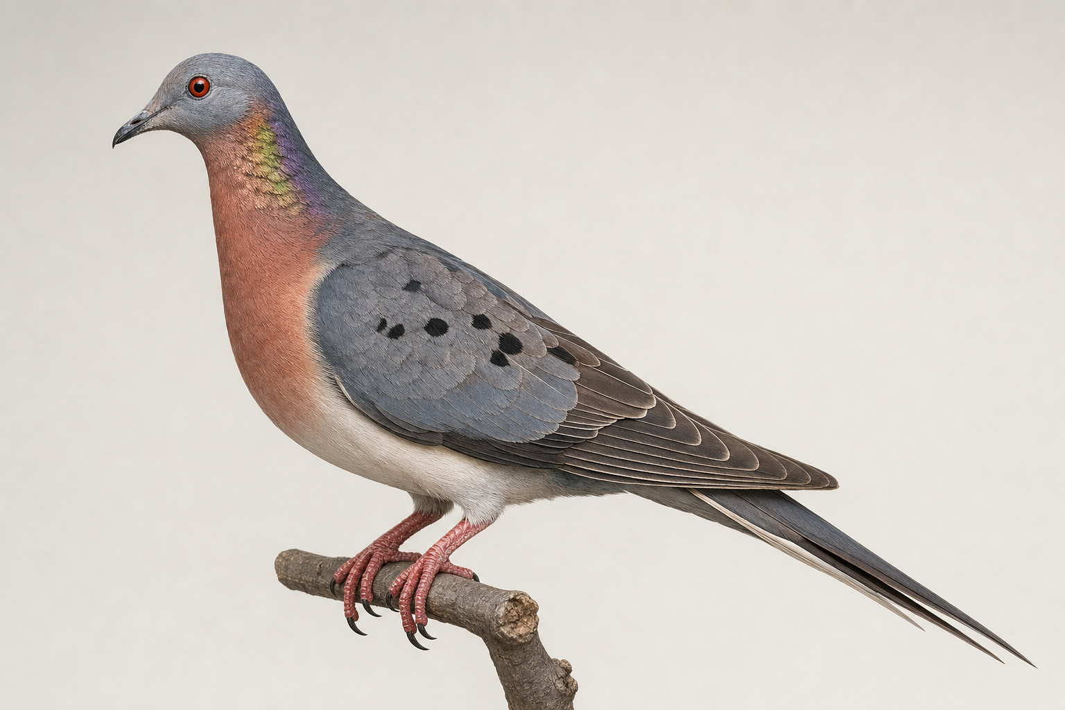 Reconstitution d'un Pigeon migrateur mâle perché, au dos gris-bleu, à la poitrine lie-de-vin et au cou irisé, avec une longue queue pointue et un œil rouge