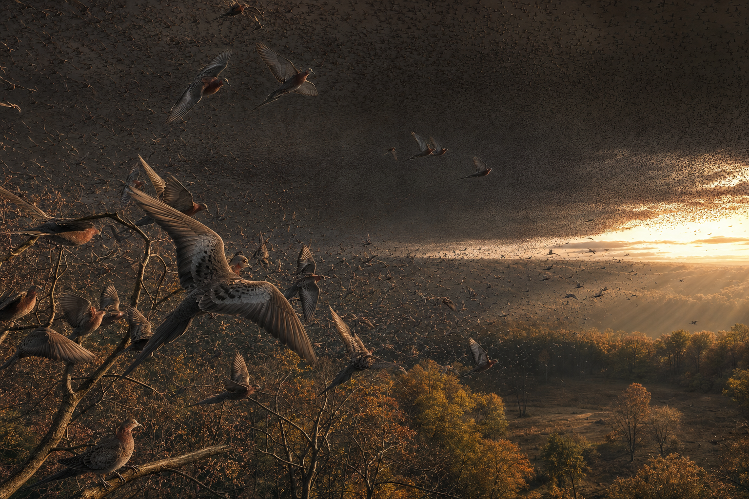 Une nuée gigantesque de pigeons migrateurs obscurcissant le ciel au-dessus d'une forêt d'Amérique du Nord au XIXe siècle