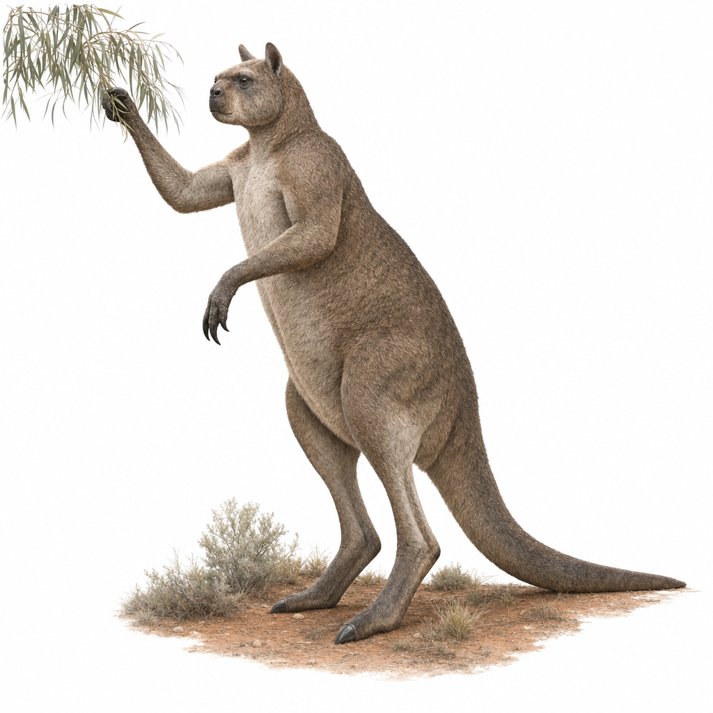 Reconstitution d'un Procoptodon goliah, kangourou géant à face courte, dressé sur ses deux pattes dans un paysage aride d'Australie du Pléistocène, attrapant une branche de ses longs bras griffus